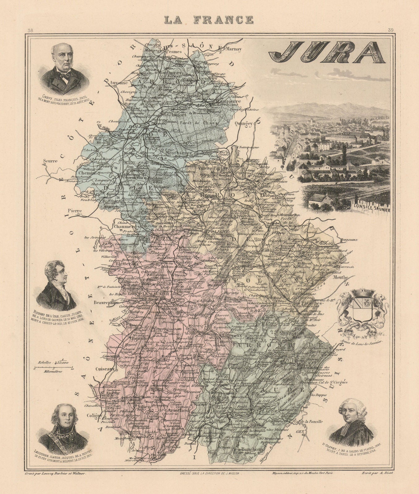 Jura département. Lons-le-Saunier vignette. Vuillemin 1890 old antique map
